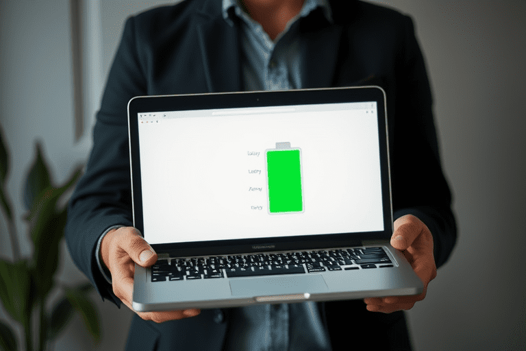 A person holding a laptop with extended battery life
